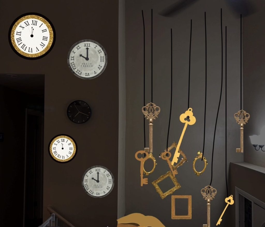 A wall adorned with various clocks and hanging decorative keys, featuring a combination of antique and modern designs.