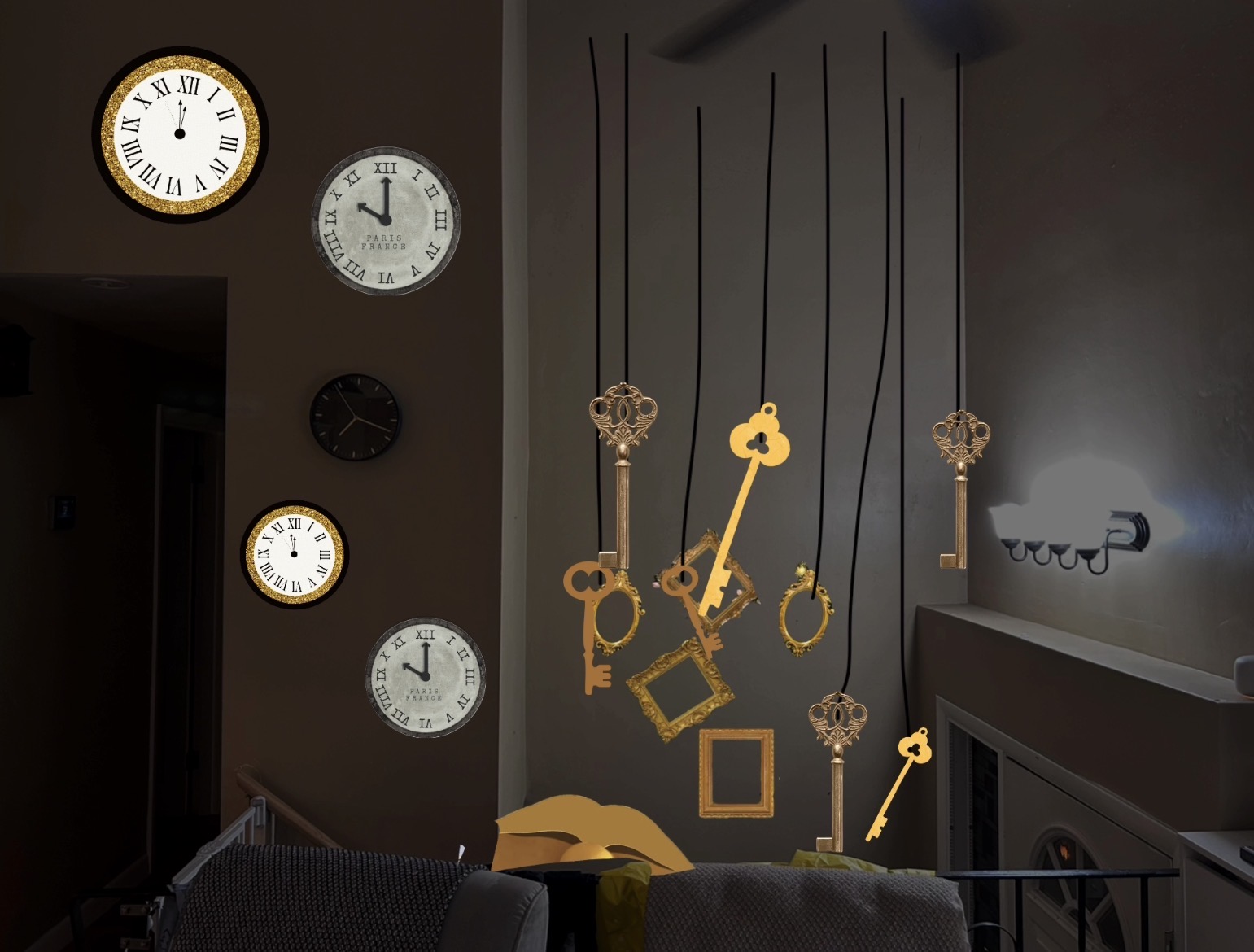 An interior scene featuring multiple wall clocks with Roman numerals and various golden keys hanging from black strings against a dark wall.