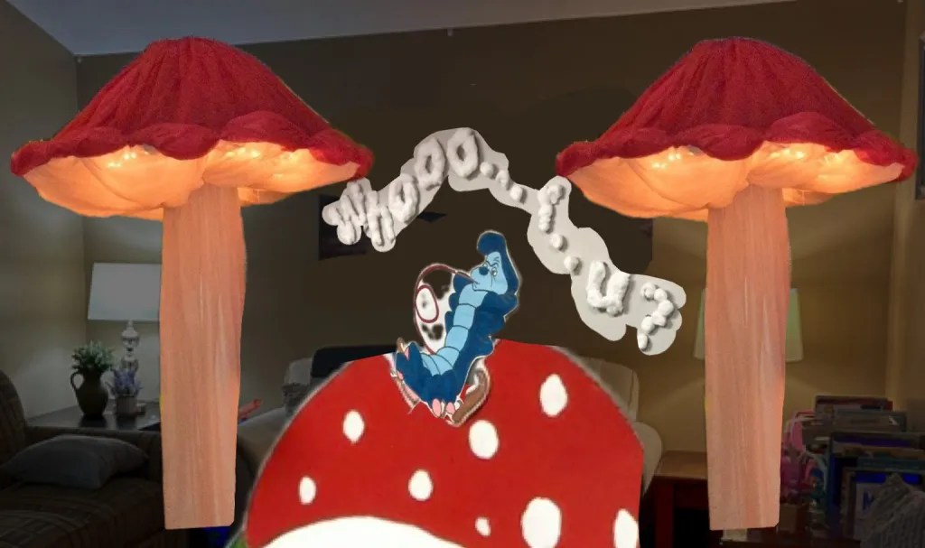 A whimsical scene featuring two large, red mushroom lamps with glowing tops, set in a cozy living room. A cartoon caterpillar with a whimsical expression is perched on a spotted mushroom base, with a speech bubble above saying 'Moo? Up?'
